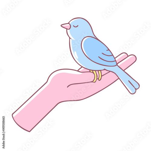 Blue bird perched peacefully on a hand illustration  