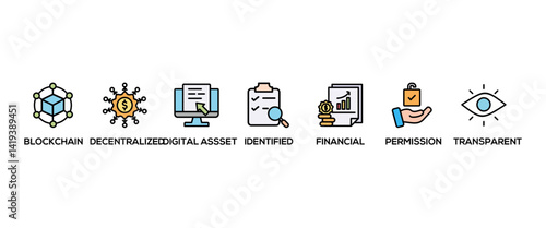 Defi banner web icon vector illustration concept with icon of blockchain, decentralized, digital assset, identified, financial, permission, transparent and e-wallet