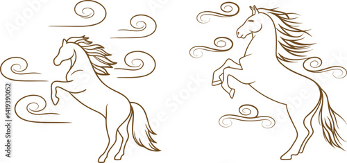 Two prancing horses in outline with ornamental swirls vector design