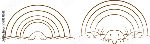 Burrowing animals hide underground tunnels with rainbow archways brown line art