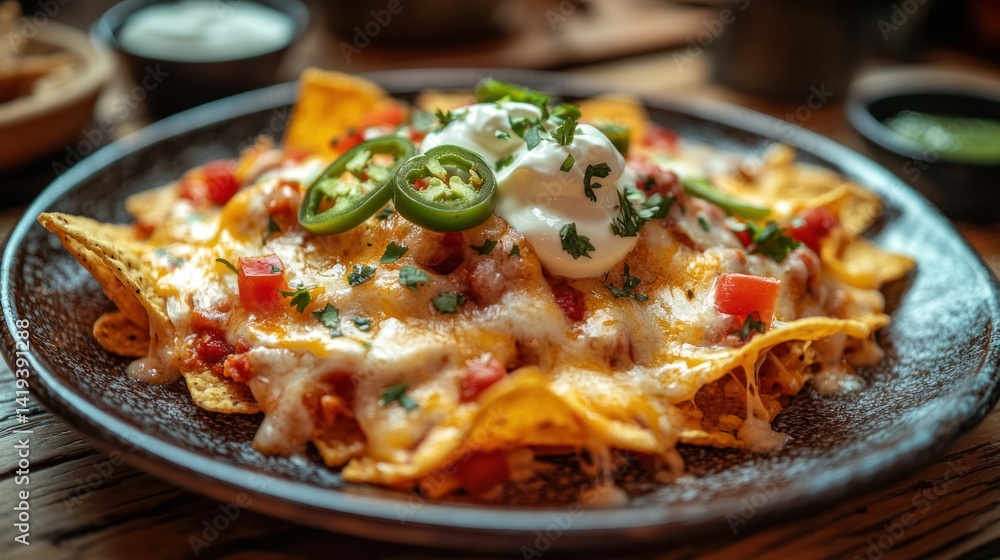 Cheesy nachos topped with savory ingredients Cheesy nachos topped with savory ingredients