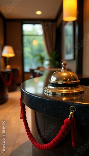 Service bell with red rope at hotel reception desk, hospitality, welcome, hotel lobby