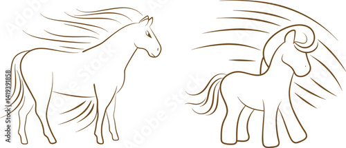 Two horses with flowing manes brown outline vector illustration simple design