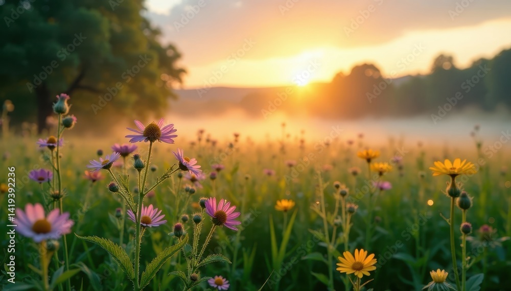 Fototapeta premium Misty meadow sunrise, wildflowers glistening with dew, botanical, spring, sunrise