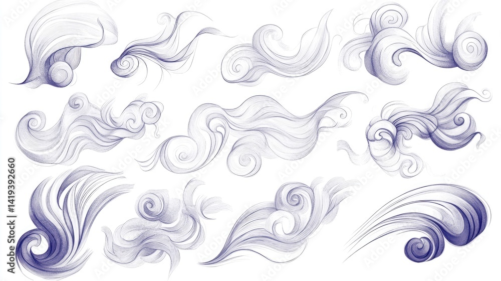 Doodle wind line sketch set, hand-drawn wind motion, air blow, swirl elements Doodle wind line sketch set, hand-drawn wind motion, air blow, swirl elements