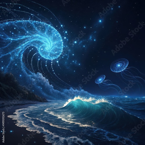 Ethereal Jellyfish Dance in a Luminous Underwater Galaxy