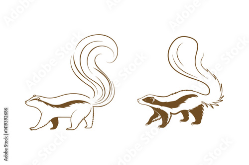 Two cartoon skunks with bushy tails walking vector illustration