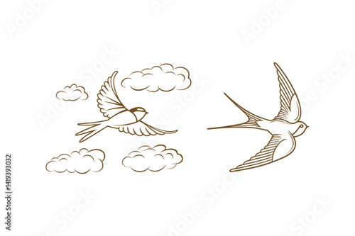 Elegant swallow birds flying through clouds minimalist line art vector illustration