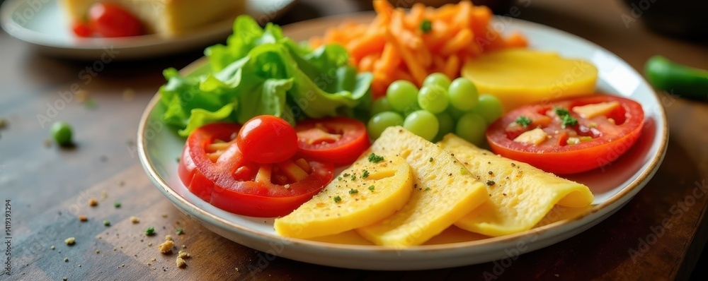 Close-up of various food groups on a divided plate, plate, visual guide Close-up of various food groups on a divided plate, plate, visual guide