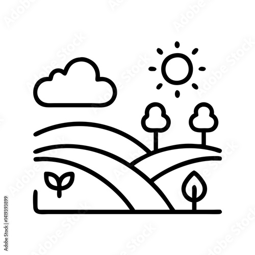 Landscape illustration of farm land with sun, cloud, trees, and plants in line art style