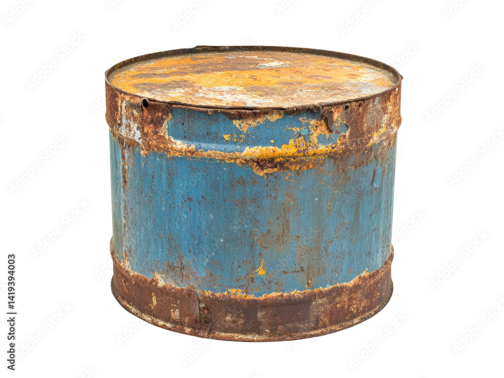 Obraz premium A Rusty Old Blue Metal Barrel Container Showing Signs of Time and Decay