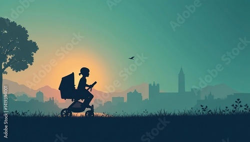Subtle stroller silhouette repeat, muted tones, home, seamless