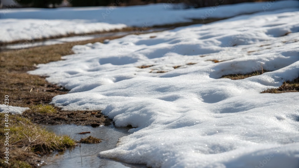 Melting snow reveals patches of grass in a tranquil outdoor scene. Melting snow reveals patches of grass in a tranquil outdoor scene.