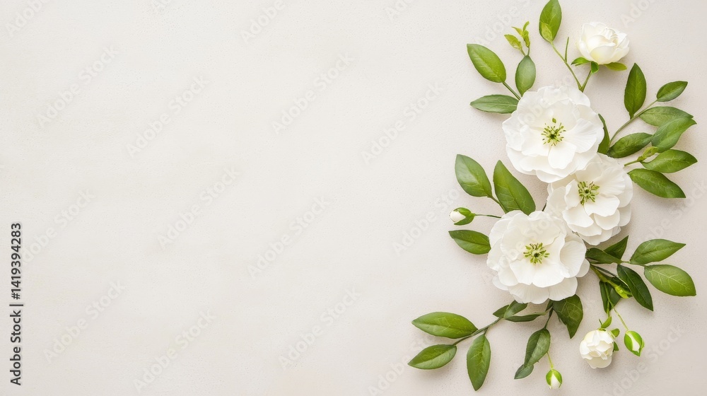 Fototapeta premium Minimalist Floral Arrangement of White Blooms and Green Leaves on Neutral Background