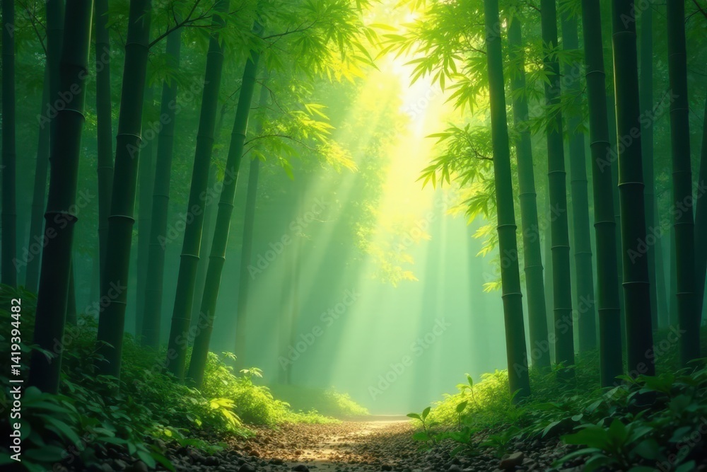 Obraz premium Misty bamboo grove, sunlight filtering through leaves, outdoor, beauty