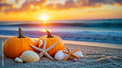 Autumn pumpkins on beach at sunset