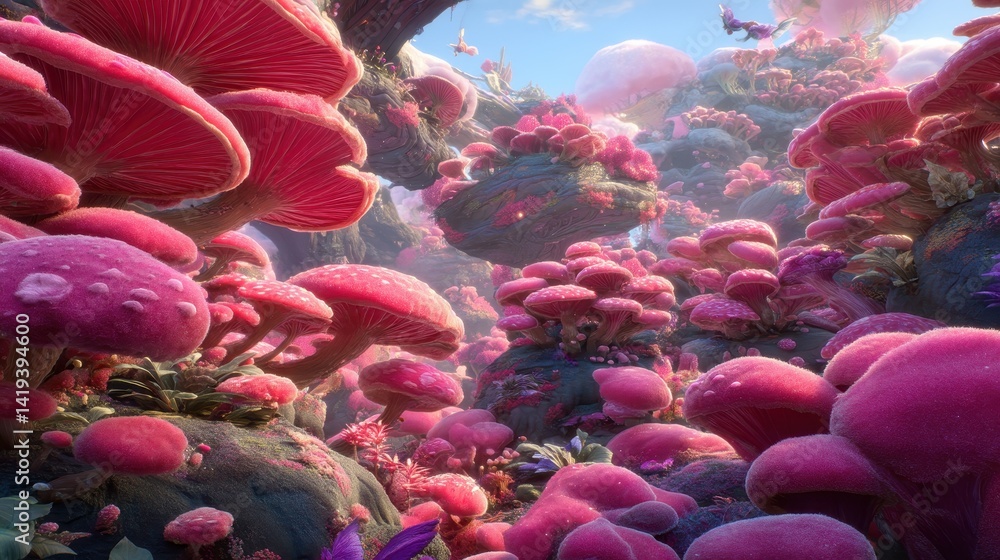 Obraz premium In a wonderland filled with enchanting mushrooms, whimsical fairy tale designs come to life