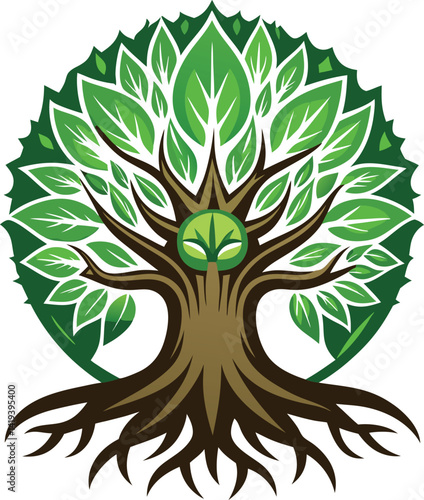  A mascot logo featuring a wise and ancient looking stylized tree with deep roots, representing growth, stability, and wisdom for a long standing business 