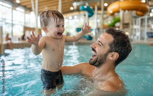 Father and Child Enjoying a Fun Day at the Indoor Pool ,aquapark photo series