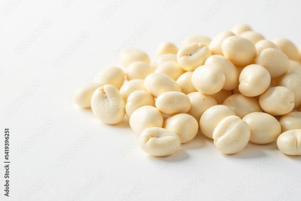 Pile of white beans against pure white backdrop, close-up, top view, white beans Pile of white beans against pure white backdrop, close-up, top view, white beans