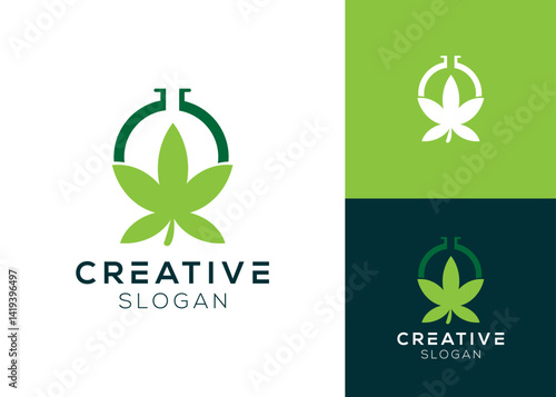 Cannabis with lab glass logo design for laboratory and health