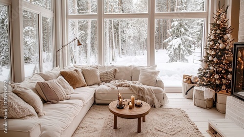 Cozy living room with christmas tree overlooking snowy winter forest