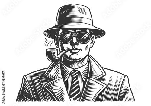 Vintage black and white engraving of a classic detective in profile wearing a fedora, pipe, and striped suit, 1940s noir illustration

