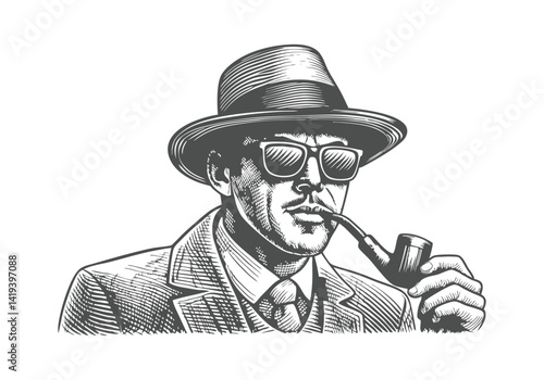 Vintage black and white engraving of a classic detective in profile wearing a fedora, pipe, and striped suit, 1940s noir illustration


