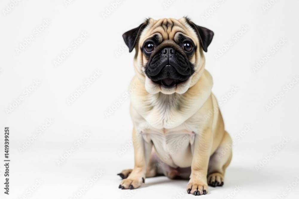 Fototapeta premium Adorable pug dog sits alone against white background, portrait, dog breed