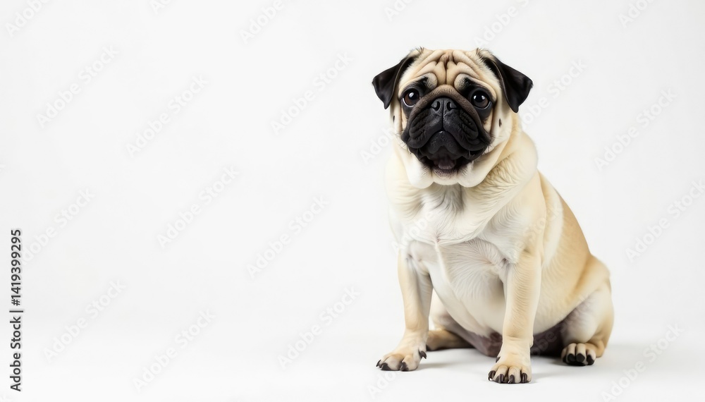 Obraz premium Adorable pug dog sits alone against white background, loyal, expression, adorable