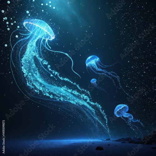 Ethereal Jellyfish Dance in a Luminous Underwater Galaxy