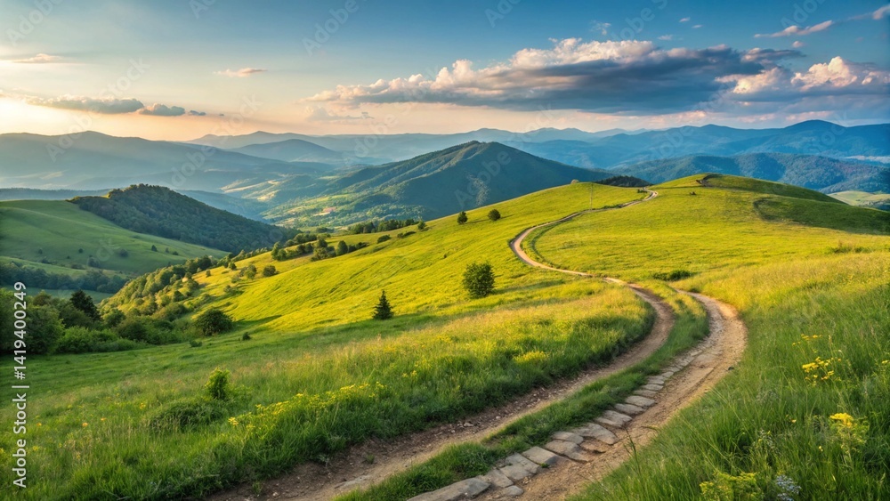 Obraz premium A winding mountain road cuts through a green summer landscape with a vast sky and distant hills