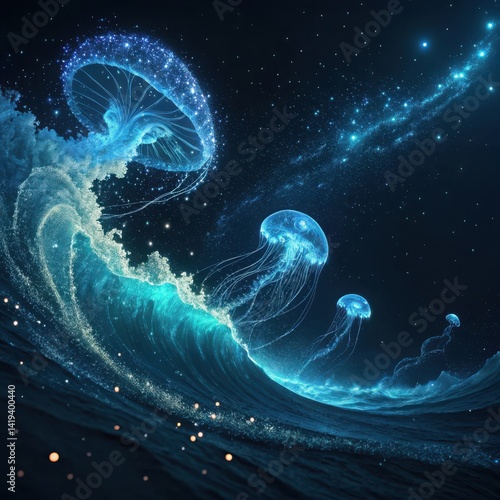 Ethereal Jellyfish Dance in a Luminous Underwater Galaxy