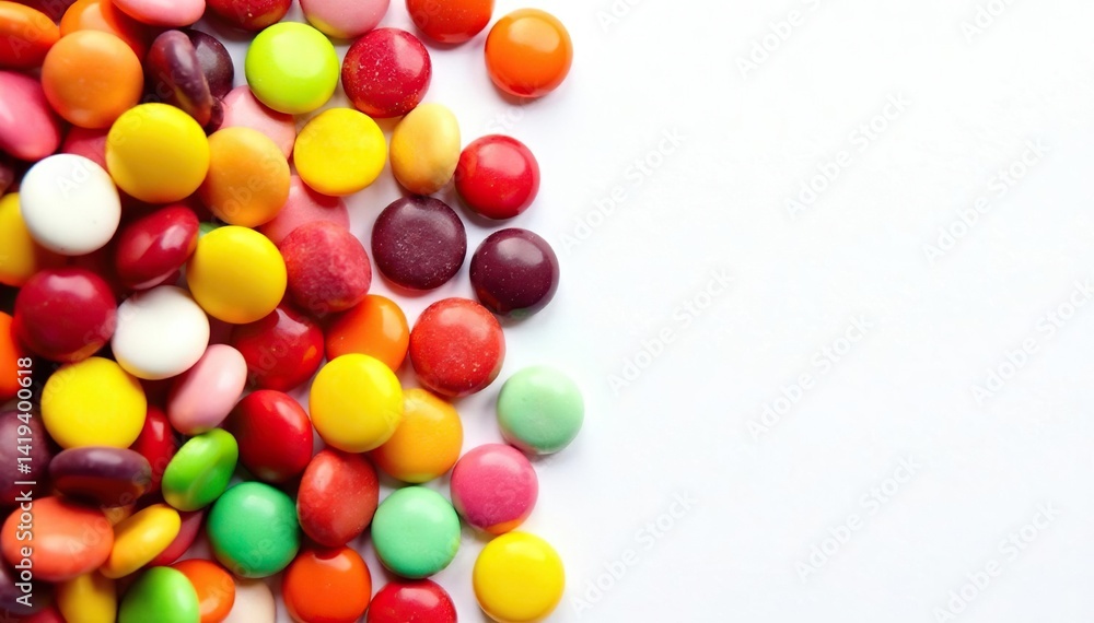 Obraz premium Pile of colorful candy and chips on white background, flat lay, sweets
