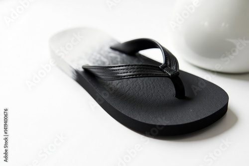 Single black flip-flop on white background, close-up view, detail, apparel, color
