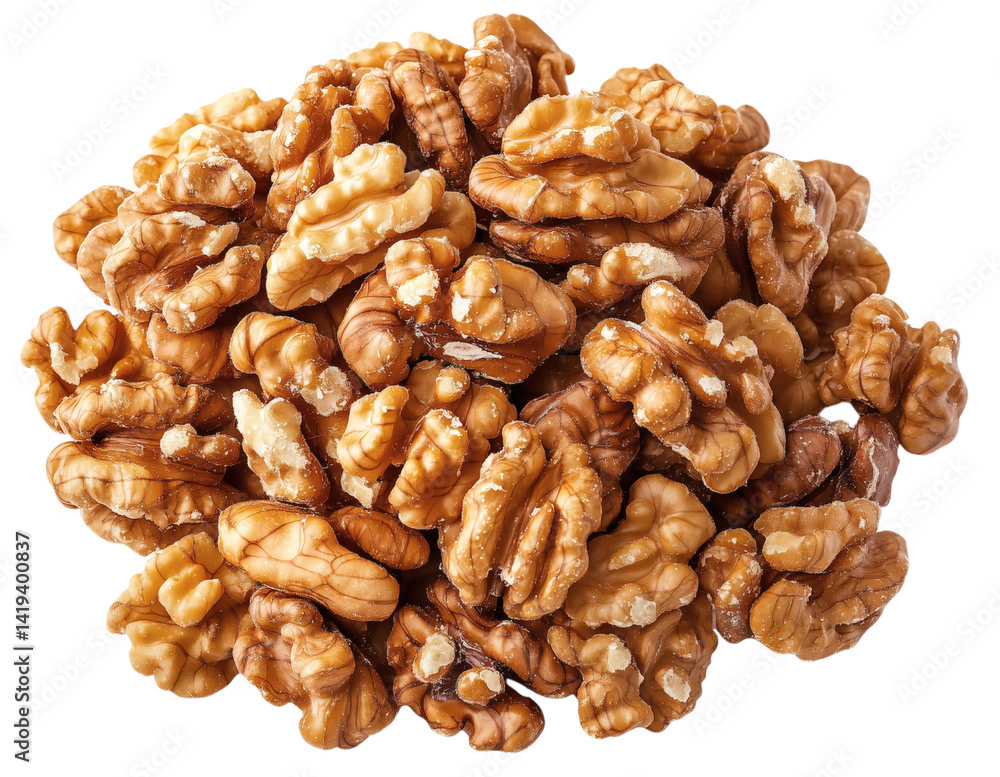 A close-up view of a pile of walnuts, isolated on a transparent background. A close-up view of a pile of walnuts, isolated on a transparent background.