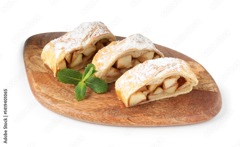 Pieces of tasty apple strudel with powdered sugar and mint isolated on white Pieces of tasty apple strudel with powdered sugar and mint isolated on white