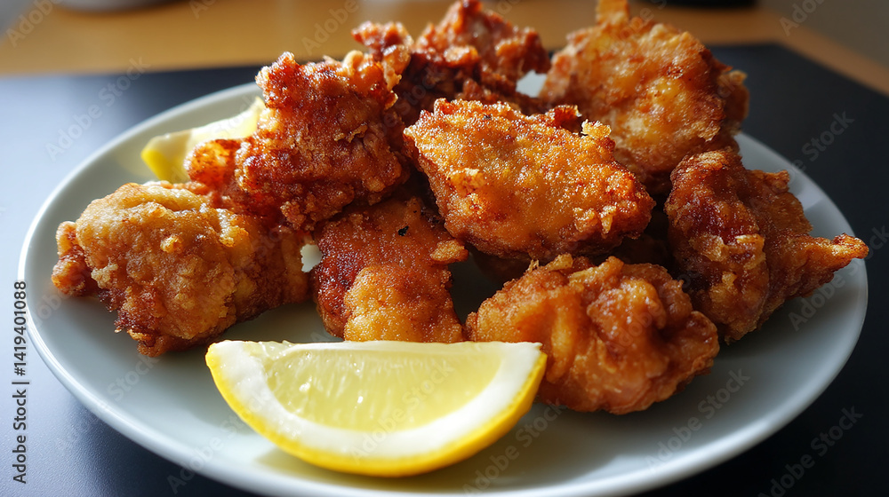 Japanese fried chicken karaage with lemon wedge clea Japanese fried chicken karaage with lemon wedge clea