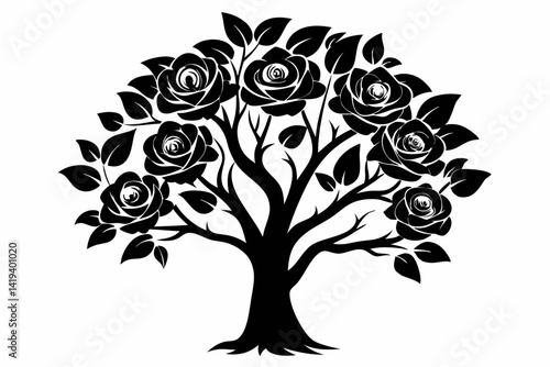 rose tree silhouette line art vector illustration