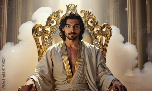 Royal Figure Seated in Ornate Throne, Radiant Background