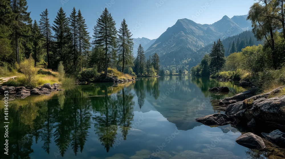 Fototapeta premium Crystal clear mountain lake reflecting blue sky and pine trees, calm summer morning, peaceful nature scene