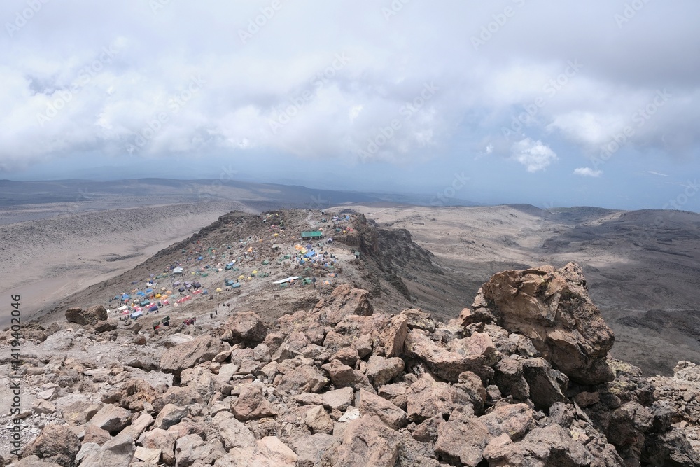 Scenery camp with tents on trail during descending from Kilimanjaro Peak, Tanzania