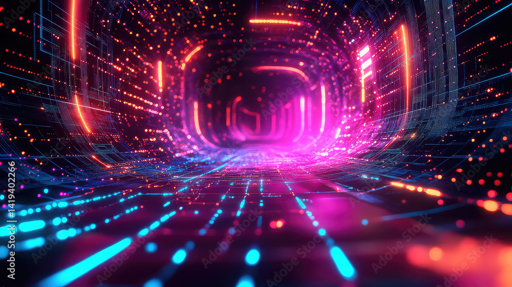 Neon Tunnel Digital Abstract with Vibrant Lights Neon Tunnel Digital Abstract with Vibrant Lights