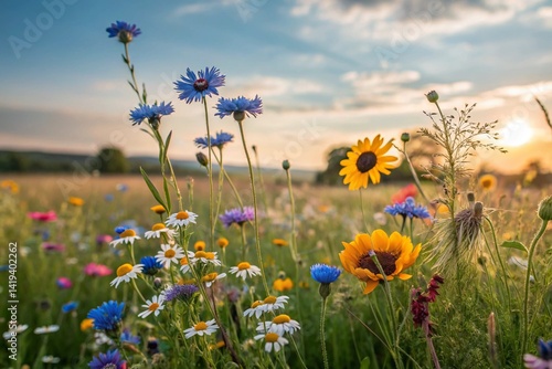 A sunny field of yellow daisies and blue chamomile blossoms in a beautiful summer meadow under the sky, a wild and lovely nature landscape