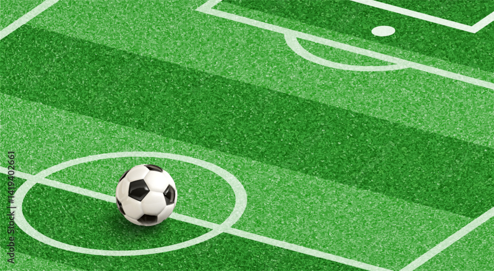 Obraz premium Football Field with Soccer Ball Ortographic View, Marked Lines and Green Grass, Suitable for Sports Event, Poster or Banner. Realistic Design. Vector Illustration.
