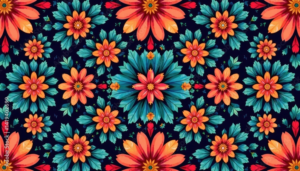 Intricate geometric floral pattern, repeating design in vibrant hues, wallpaper, spring, leaf Intricate geometric floral pattern, repeating design in vibrant hues, wallpaper, spring, leaf