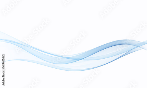 Wavy transparent lines in blue color, flow vector abstract wave on white background.