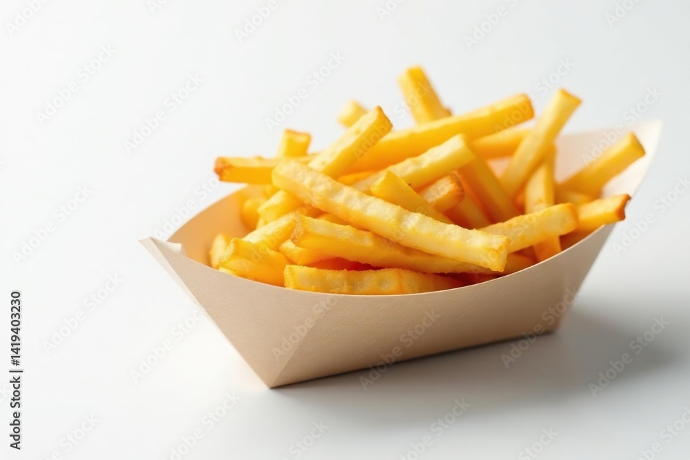 Crispy fries in a paper boat on white background, drink, greasy Crispy fries in a paper boat on white background, drink, greasy