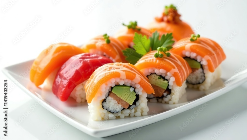 Sushi platter on a white background, various rolls , seaweed, rolls, rice Sushi platter on a white background, various rolls , seaweed, rolls, rice