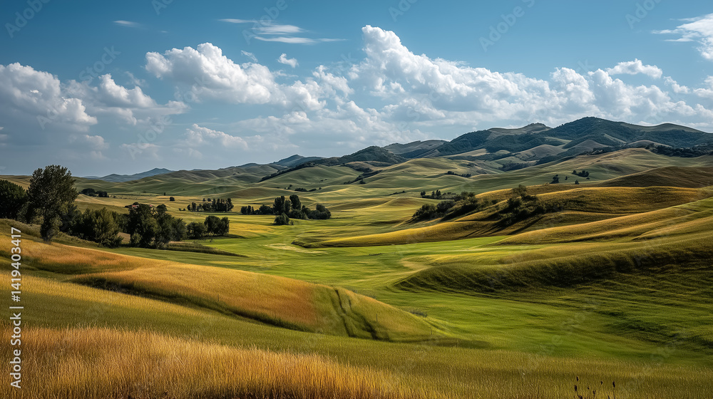 Rolling green hills under clear summer sky, sunlight and shadows across the landscape, wide open countryside, peaceful vibe Rolling green hills under clear summer sky, sunlight and shadows across the landscape, wide open countryside, peaceful vibe